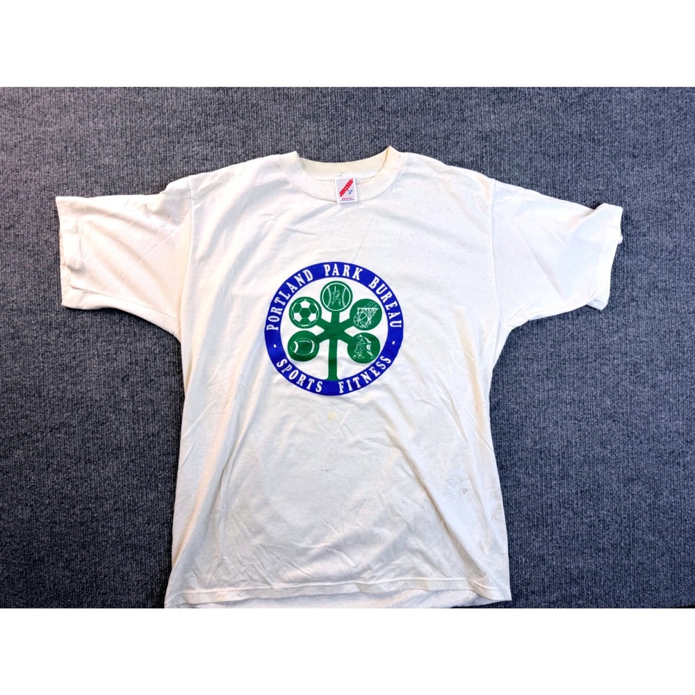 Vintage Jerzees Portland Park Bureau T Shirt L Cream USA Made 90s Graphic Tee